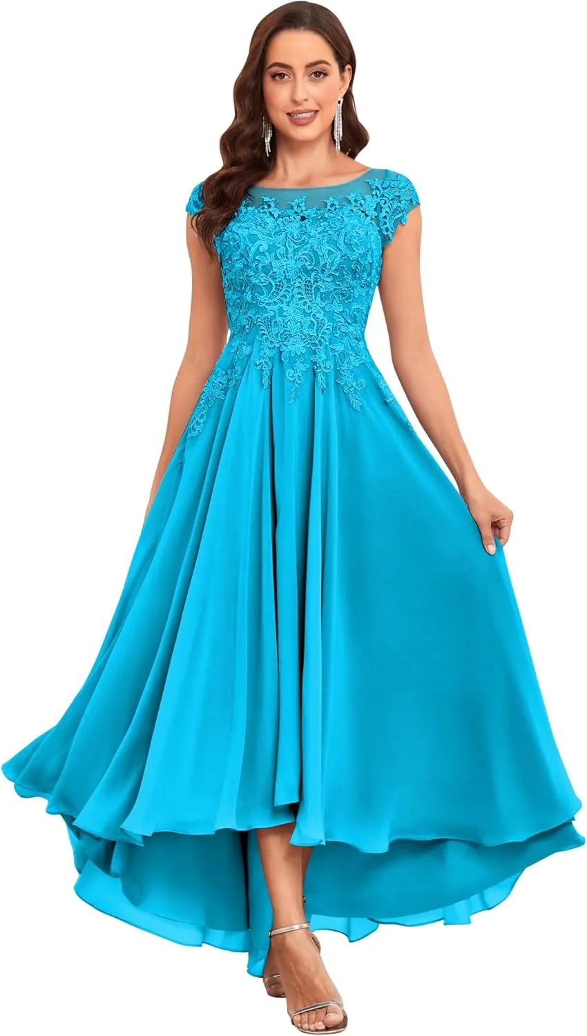 Tea Length Mother of The Bride Dresses for Wedding 2025 Cap Sleeves Lace Chiffon Formal Gown with Pockets