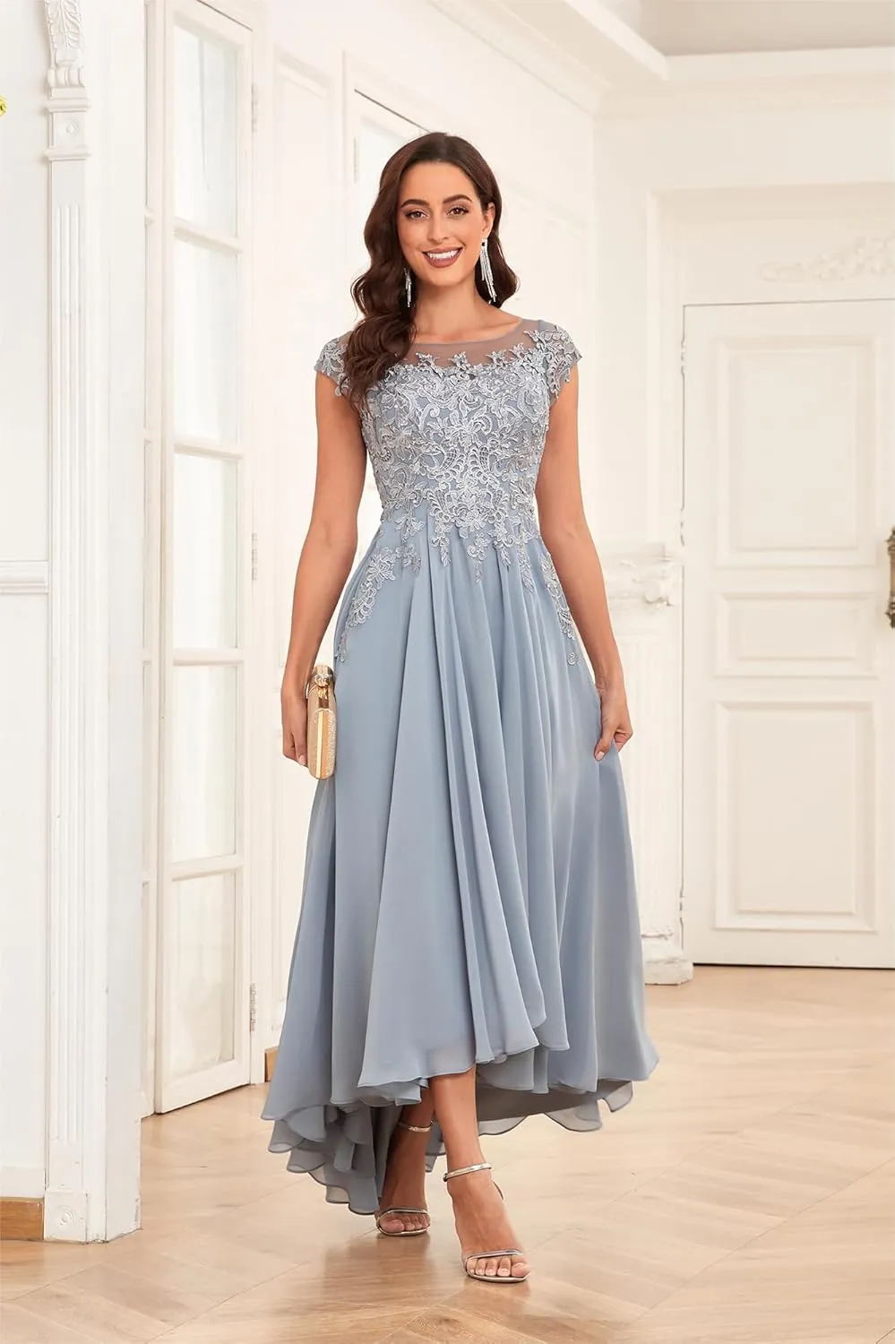 Tea Length Mother of The Bride Dresses for Wedding 2025 Cap Sleeves Lace Chiffon Formal Gown with Pockets