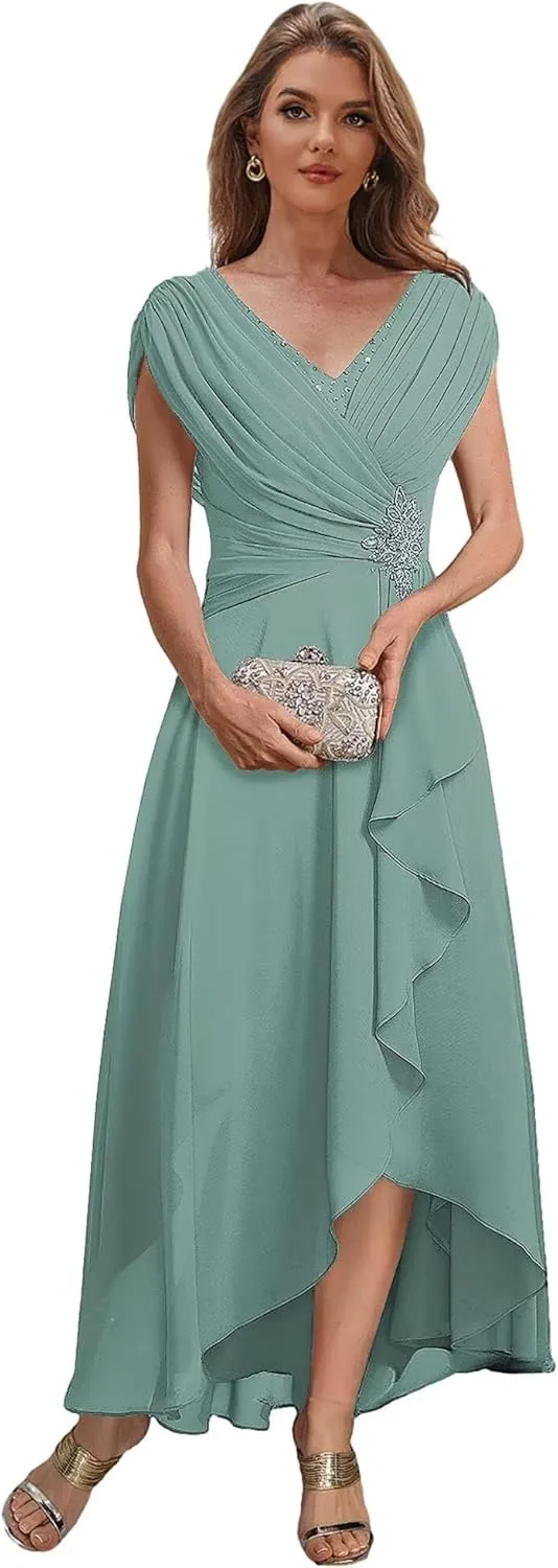 Tea Length Mother of The Bride Dresses for Wedding Chiffon Beaded A Line Formal Evening Dress