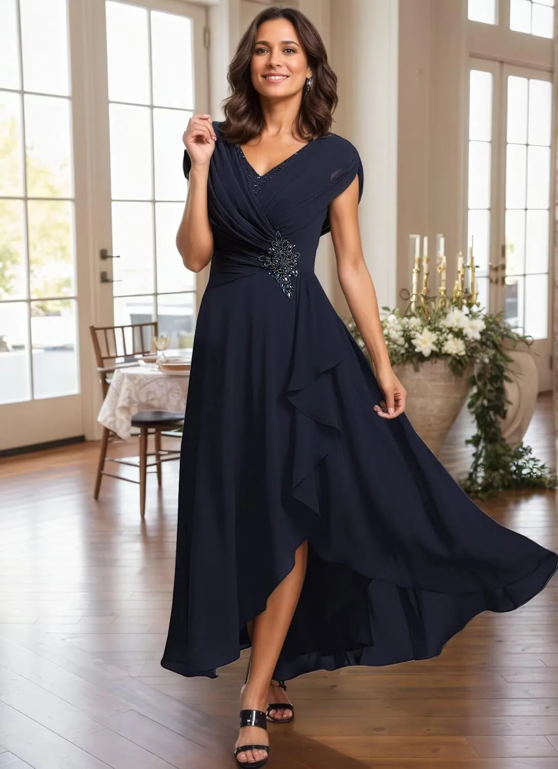 Tea Length Mother of The Bride Dresses for Wedding Chiffon Beaded A Line Formal Evening Dress