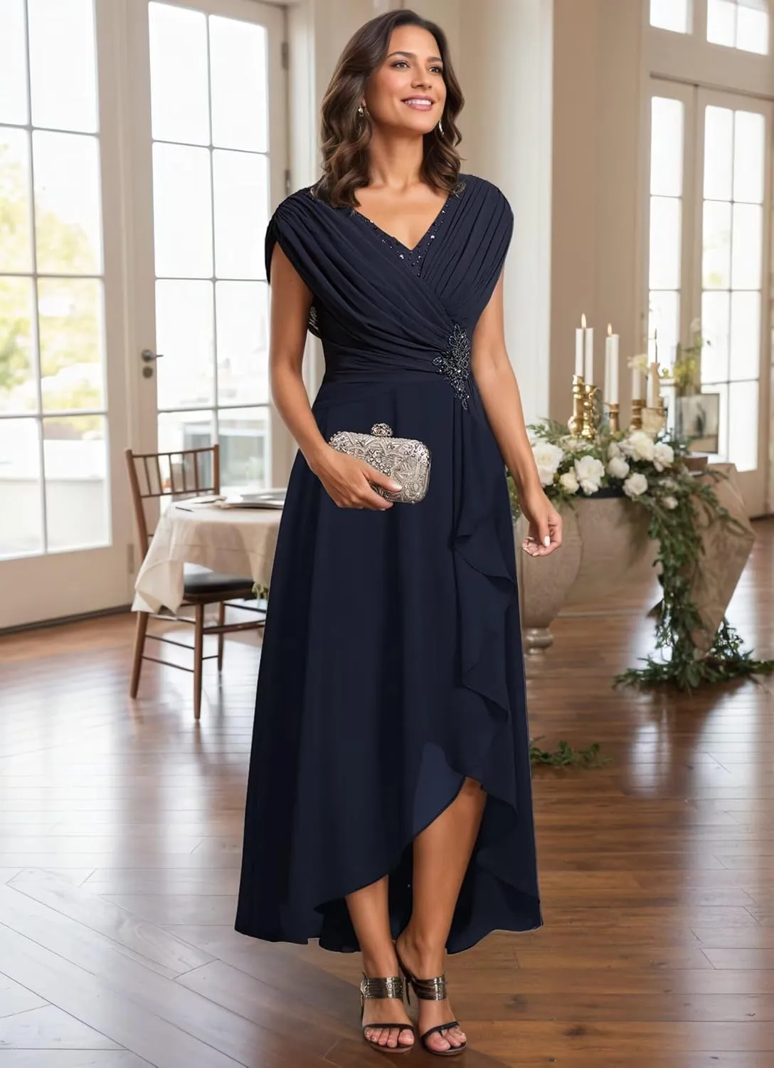 Tea Length Mother of The Bride Dresses for Wedding Chiffon Beaded A Line Formal Evening Dress