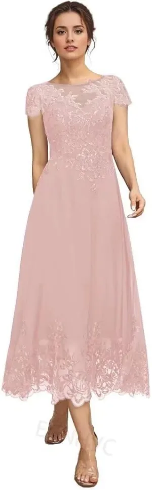 Tea Length Mother of The Bride Dresses for Wedding Lace Appliques Scoop Formal Dress with Sleeves