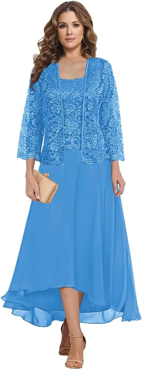 Tea Length Mother of The Bride Dresses for Wedding Square Neck A Line Lace Chiffon Formal Gown with Jacket