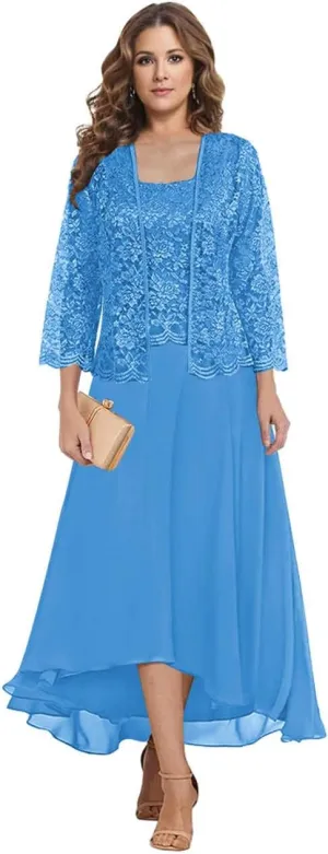 Tea Length Mother of The Bride Dresses for Wedding Square Neck A Line Lace Chiffon Formal Gown with Jacket