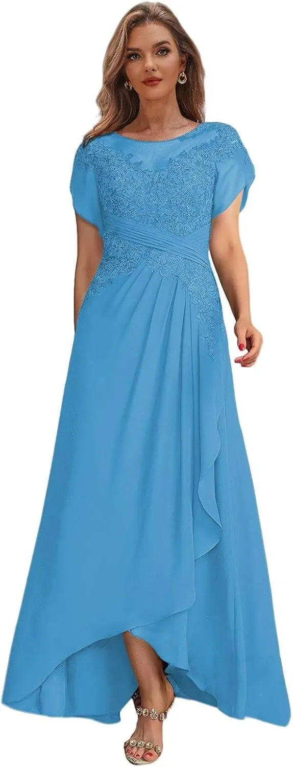 Tea Length Mother of The Bride Dresses with Sleeves High Low Lace Formal Dress for Women Wedding Guest