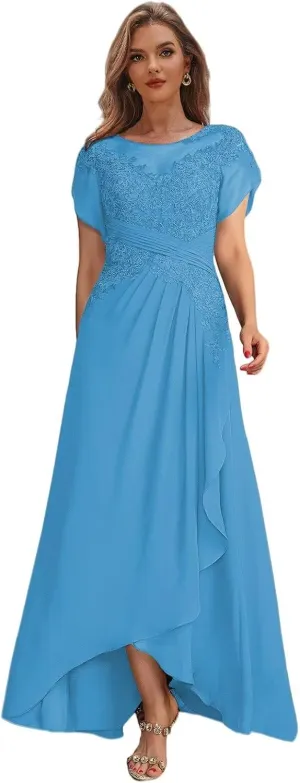 Tea Length Mother of The Bride Dresses with Sleeves High Low Lace Formal Dress for Women Wedding Guest