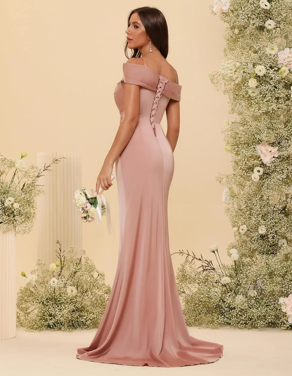 TIRAS Satin Mermaid Bridesmaid Dresses 2025 Women's Off Shoulder Evening Prom Party Gown with Slit Train