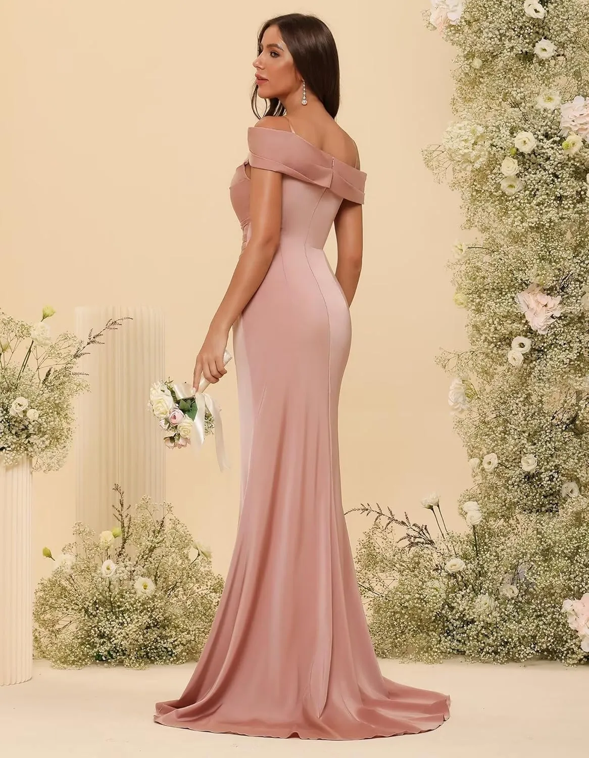 TIRAS Satin Mermaid Bridesmaid Dresses 2025 Women's Off Shoulder Evening Prom Party Gown with Slit Train