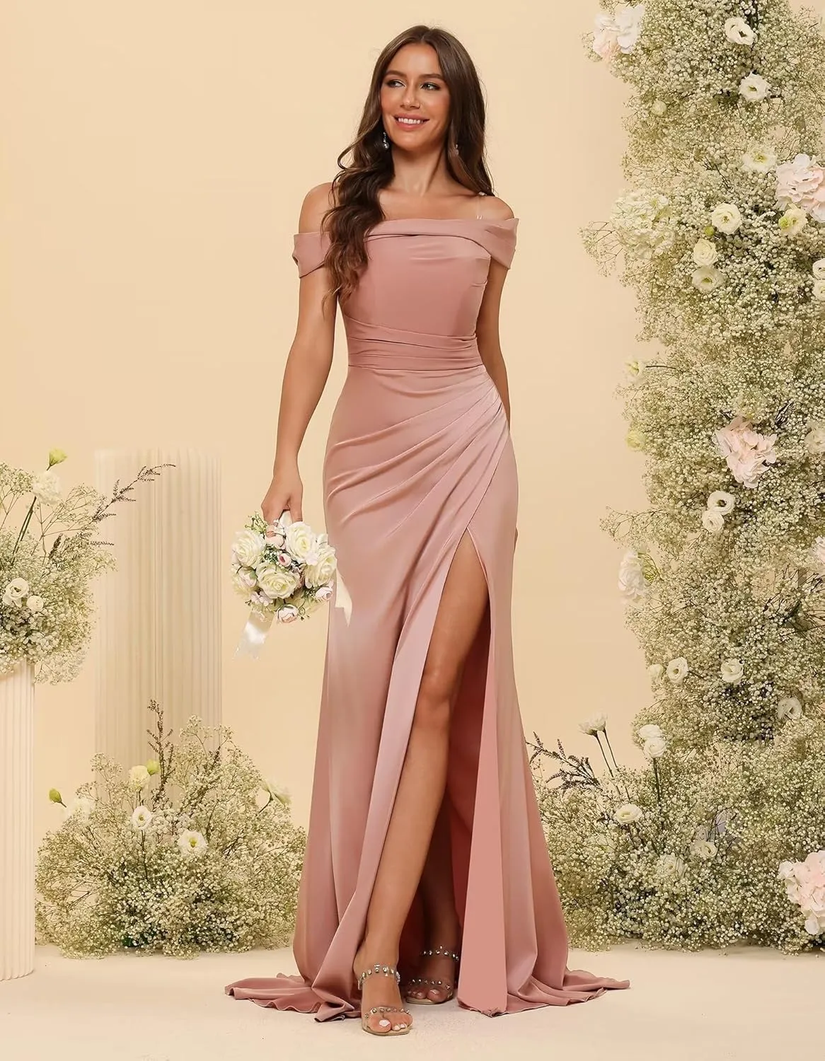 TIRAS Satin Mermaid Bridesmaid Dresses 2025 Women's Off Shoulder Evening Prom Party Gown with Slit Train