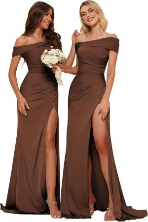 TIRAS Satin Mermaid Bridesmaid Dresses 2025 Women's Off Shoulder Evening Prom Party Gown with Slit Train
