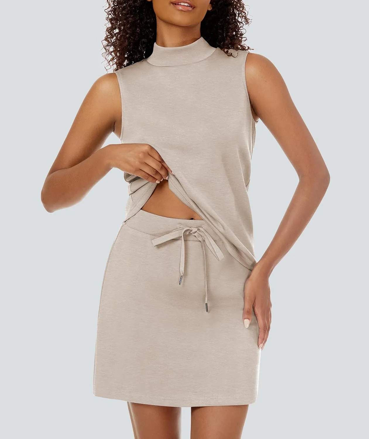 Two Piece Skirt Set for Women Sweatsuits Tennis Outfits Casual Mock Neck Sleeveless Top Elastic Short Skorts