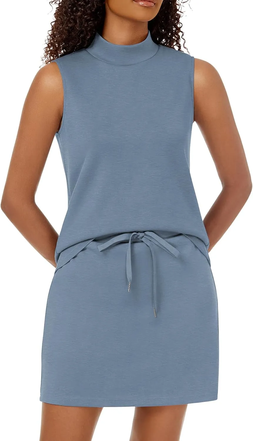 Two Piece Skirt Set for Women Sweatsuits Tennis Outfits Casual Mock Neck Sleeveless Top Elastic Short Skorts