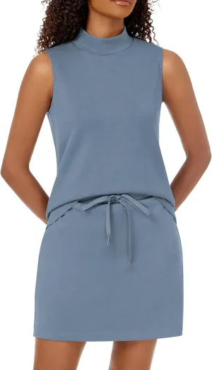 Two Piece Skirt Set for Women Sweatsuits Tennis Outfits Casual Mock Neck Sleeveless Top Elastic Short Skorts
