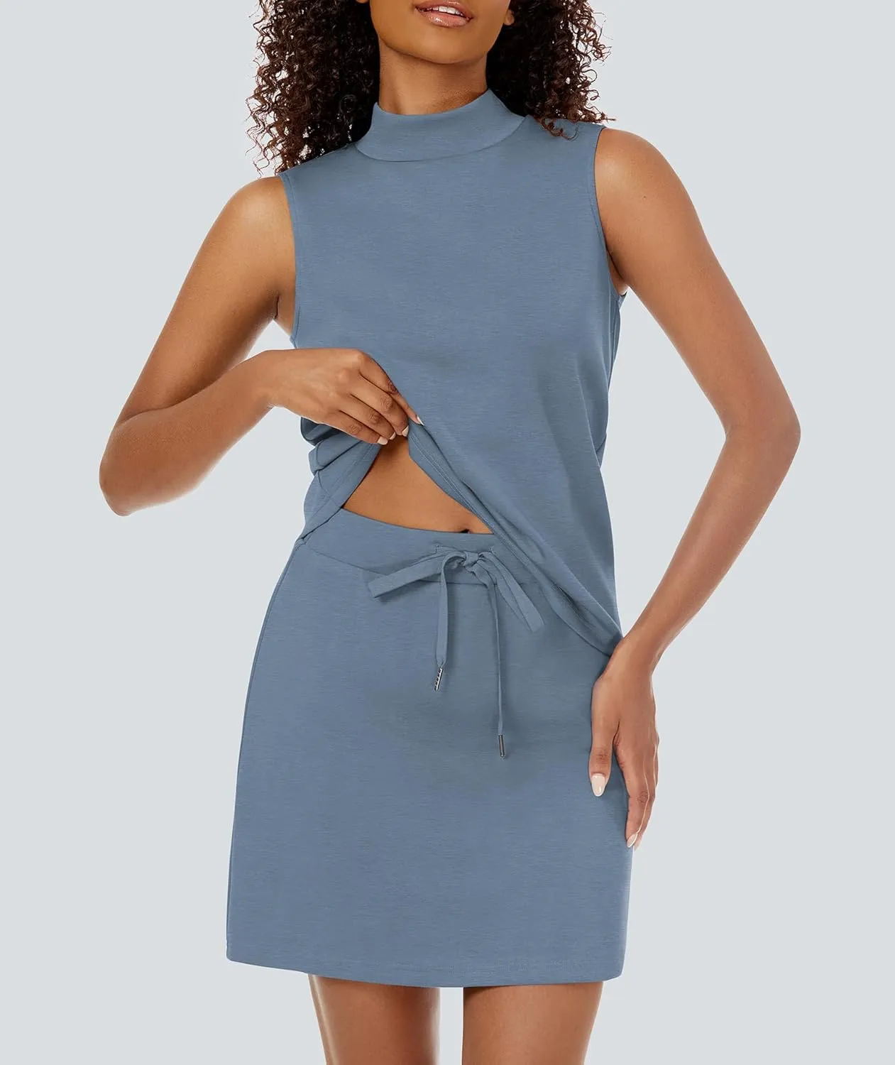 Two Piece Skirt Set for Women Sweatsuits Tennis Outfits Casual Mock Neck Sleeveless Top Elastic Short Skorts