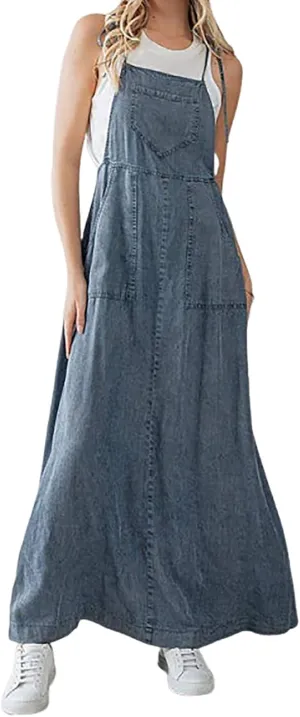 utcoco Women's 2025 Summer Casual Sleeveless Denim Maxi Dress Spaghetti Strap Swing Jean Overall Dress with Pockets