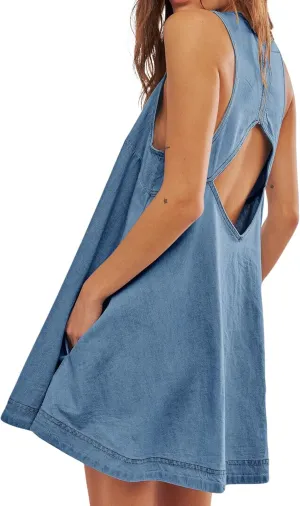 utcoco Women's 2025 Summer Sleeveless Denim Mini Dress Back Cut Out A Line Swing Jean Tank Dress