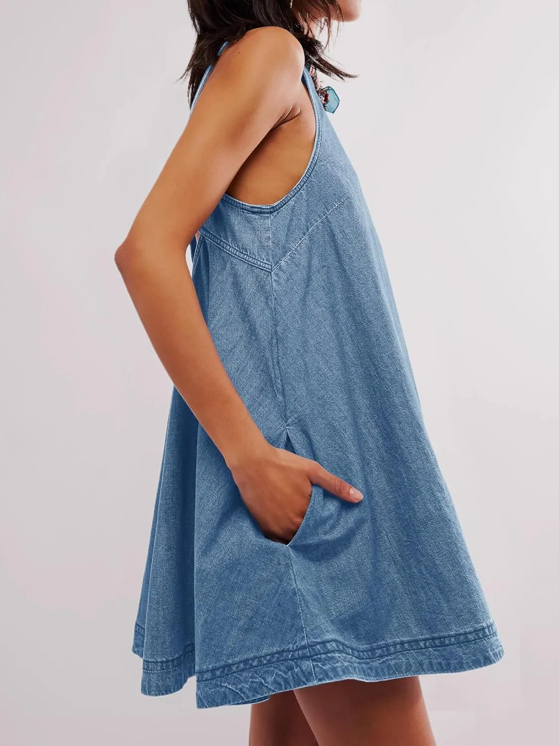 utcoco Women's 2025 Summer Sleeveless Denim Mini Dress Back Cut Out A Line Swing Jean Tank Dress