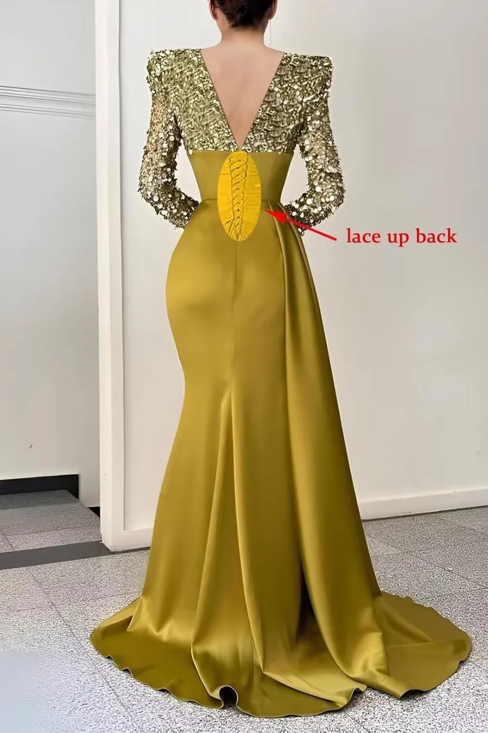 V Neck Sequin Long Sleeve Prom Dress Satin Mermaid Gala Dresses for Women Formal Wedding Party Evening Gowns with Slit