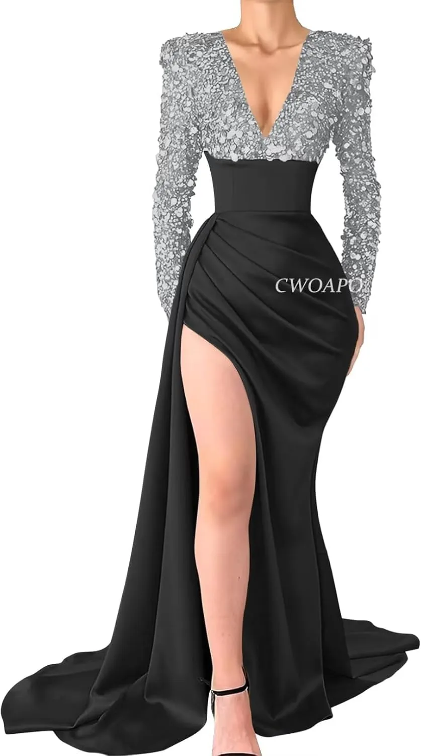 V Neck Sequin Long Sleeve Prom Dress Satin Mermaid Gala Dresses for Women Formal Wedding Party Evening Gowns with Slit