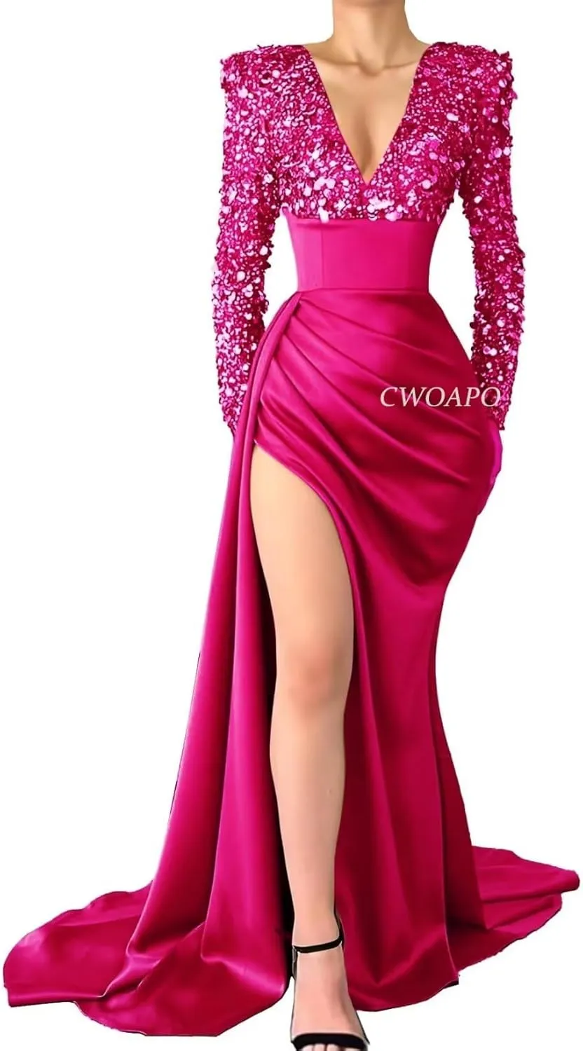 V Neck Sequin Long Sleeve Prom Dress Satin Mermaid Gala Dresses for Women Formal Wedding Party Evening Gowns with Slit