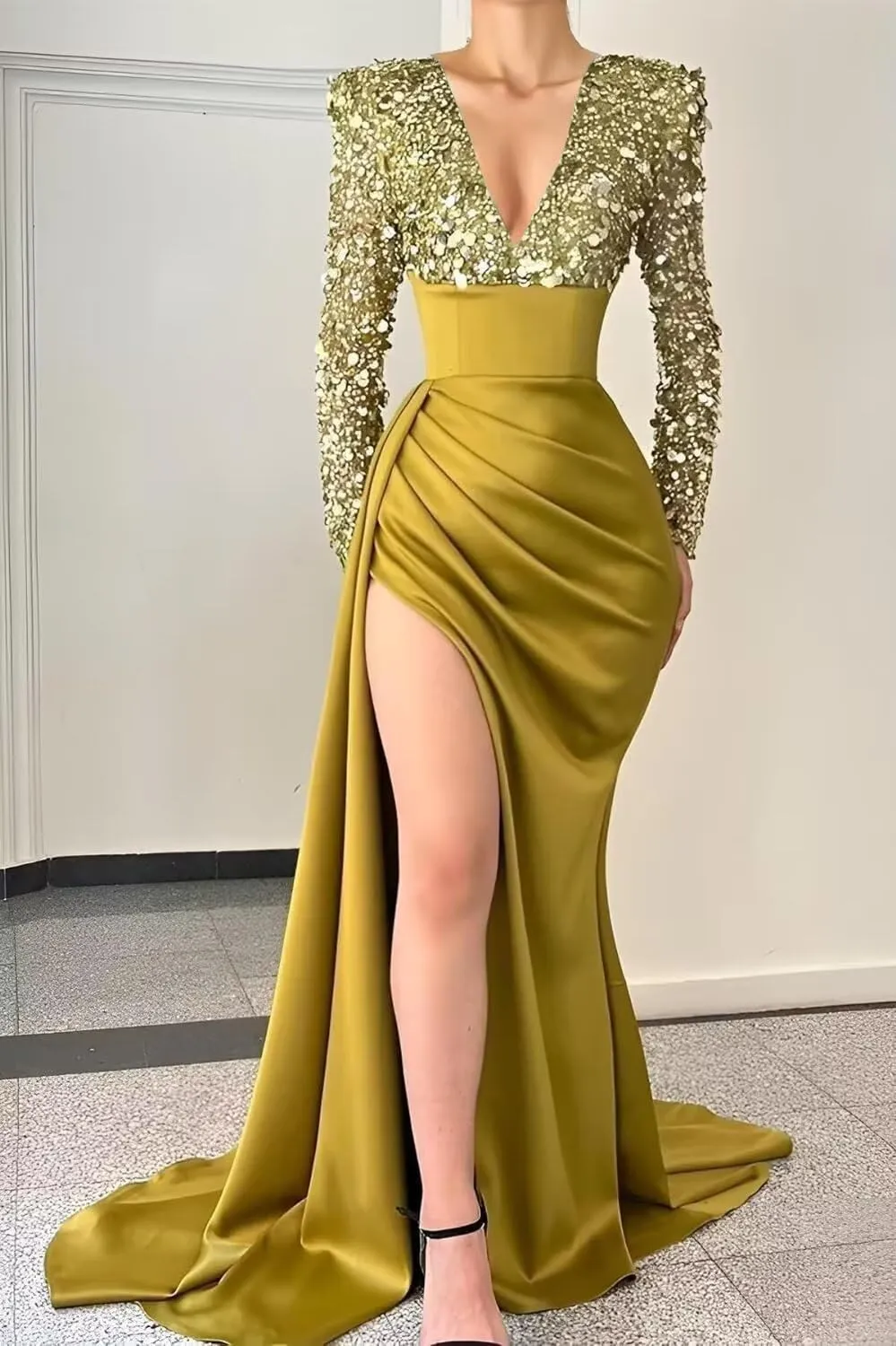 V Neck Sequin Long Sleeve Prom Dress Satin Mermaid Gala Dresses for Women Formal Wedding Party Evening Gowns with Slit