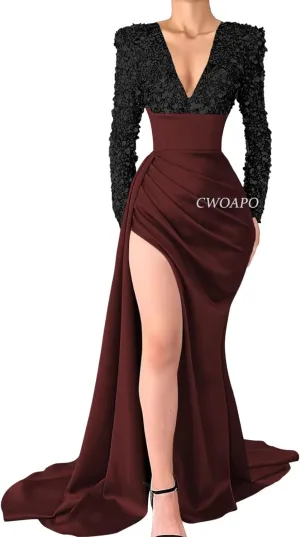V Neck Sequin Long Sleeve Prom Dress Satin Mermaid Gala Dresses for Women Formal Wedding Party Evening Gowns with Slit