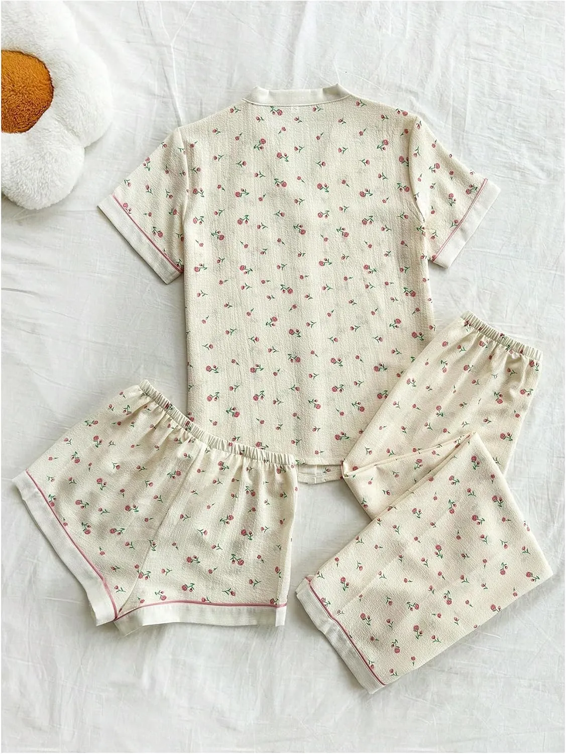 Verdusa Women's 3 Piece Loungewear Pajama Sets Button Up Shirt Shorts and Pants
