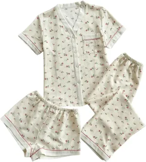 Verdusa Women's 3 Piece Loungewear Pajama Sets Button Up Shirt Shorts and Pants