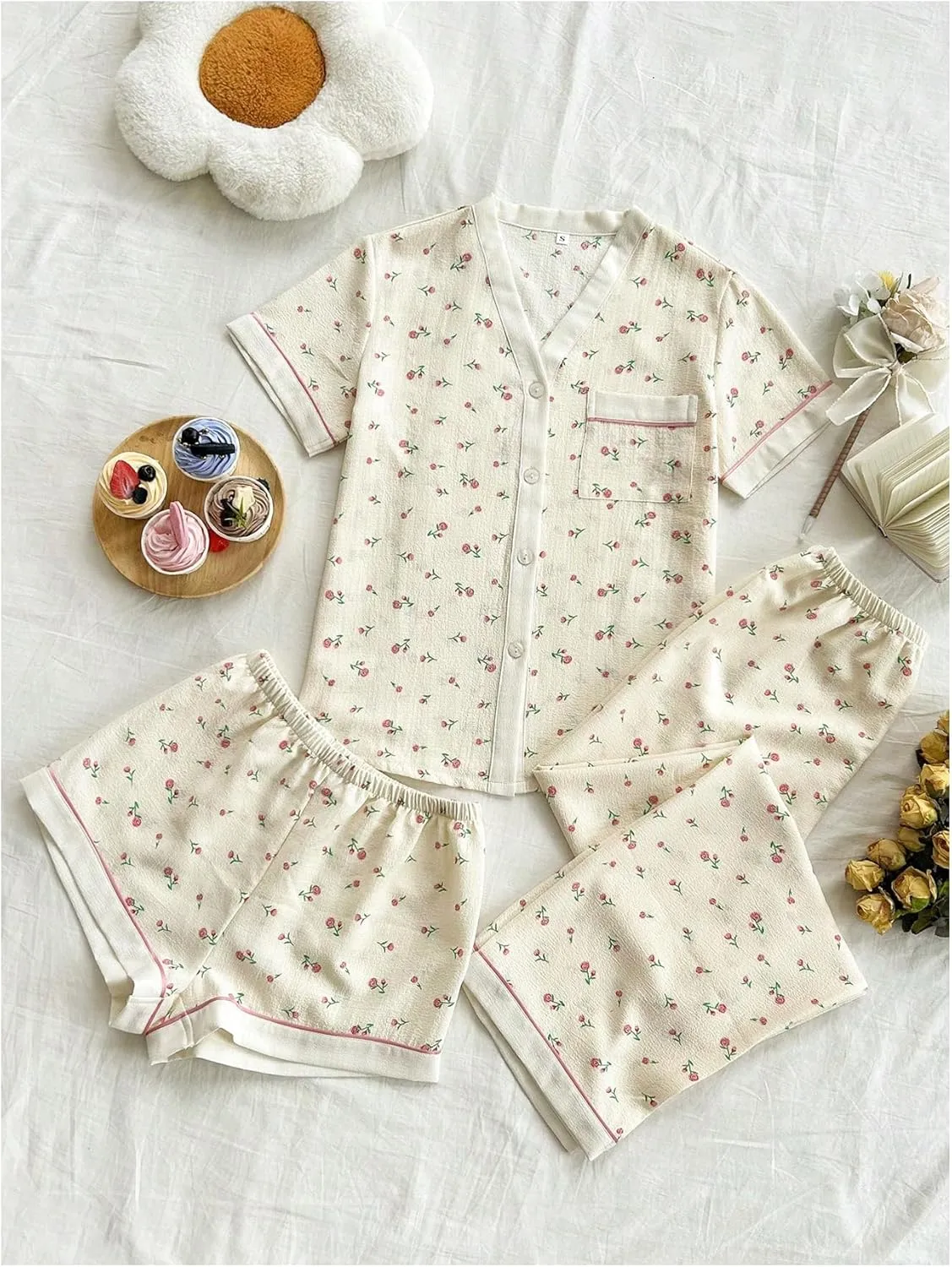 Verdusa Women's 3 Piece Loungewear Pajama Sets Button Up Shirt Shorts and Pants