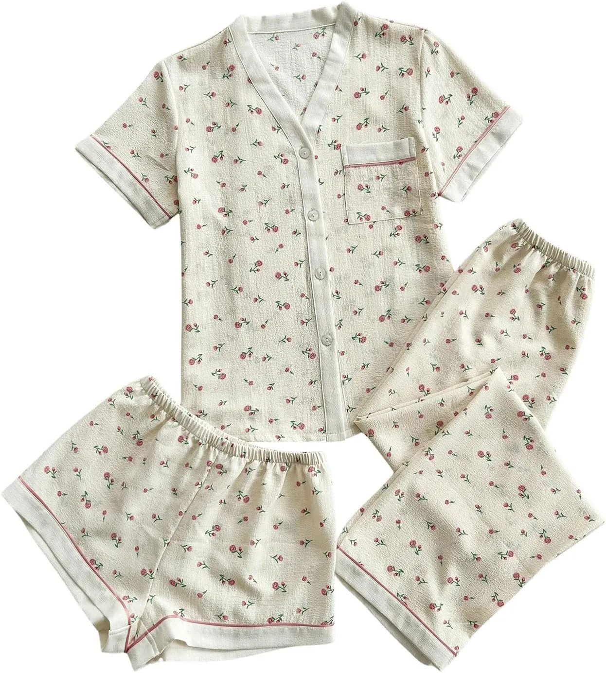 Verdusa Women's 3 Piece Loungewear Pajama Sets Button Up Shirt Shorts and Pants