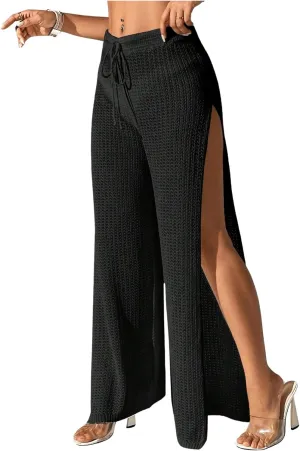 Verdusa Women's Swimsuit Sheer Crochet Cover Up High Split Drawstring Bikini Long Pants