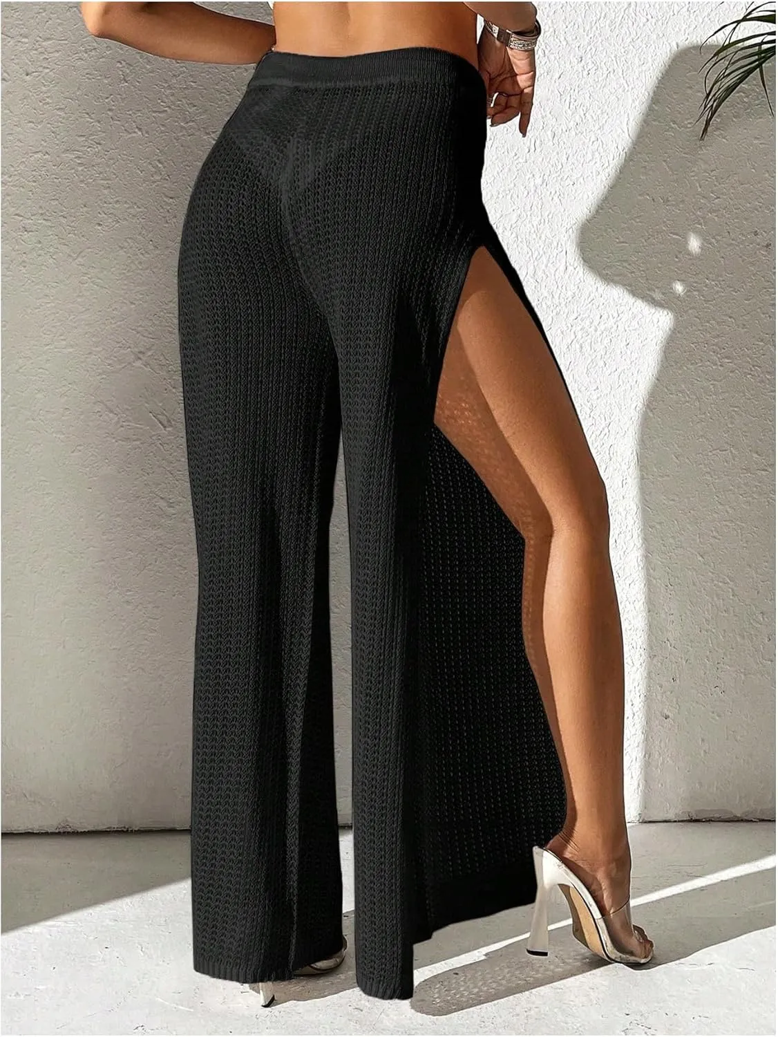 Verdusa Women's Swimsuit Sheer Crochet Cover Up High Split Drawstring Bikini Long Pants