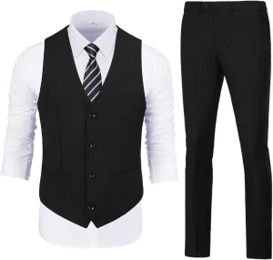 Vest Pants Set for Men 2 Piece Suit Men's Slim Fit Wedding Groomsmen Suit V Neck Casual Suit Waistcoat for Men