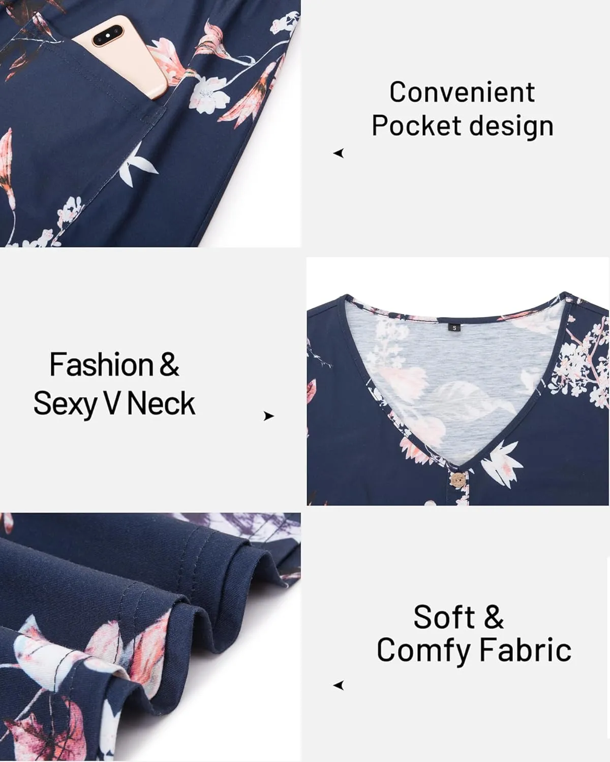 VOTEPRETTY Women's Short Sleeve V Neck Sundress Summer Casual Button Floral Dress with Pockets