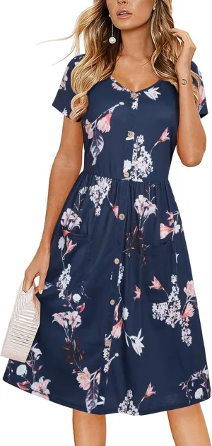 VOTEPRETTY Women's Short Sleeve V Neck Sundress Summer Casual Button Floral Dress with Pockets