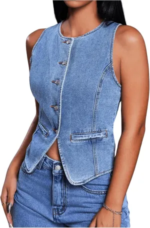 WDIRARA Women's Button Down Sleeveless Denim Vest Crew Neck Crop Jean Jacket Waistcoat