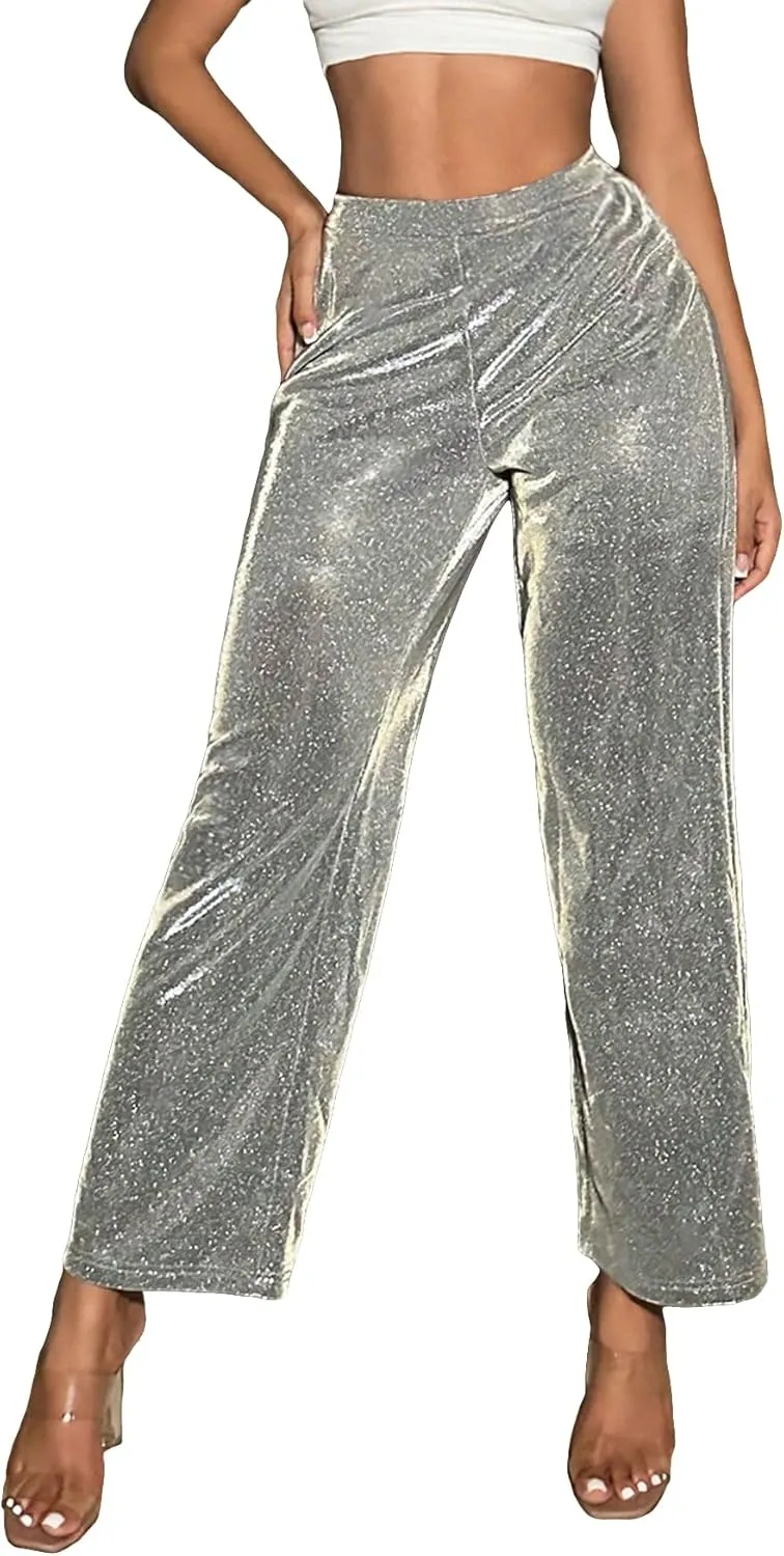 WDIRARA Women's Glitter Elastic High Waist Trousers Straight Leg Party Club Long Pants