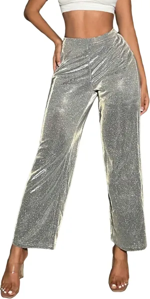 WDIRARA Women's Glitter Elastic High Waist Trousers Straight Leg Party Club Long Pants