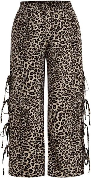 WDIRARA Women's Plus Size Leopard Print Pants Elastic High Waist Trousers with Pockets