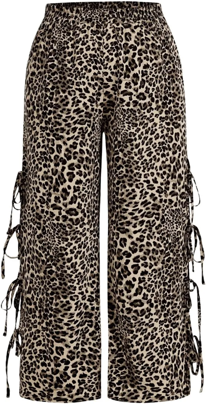 WDIRARA Women's Plus Size Leopard Print Pants Elastic High Waist Trousers with Pockets