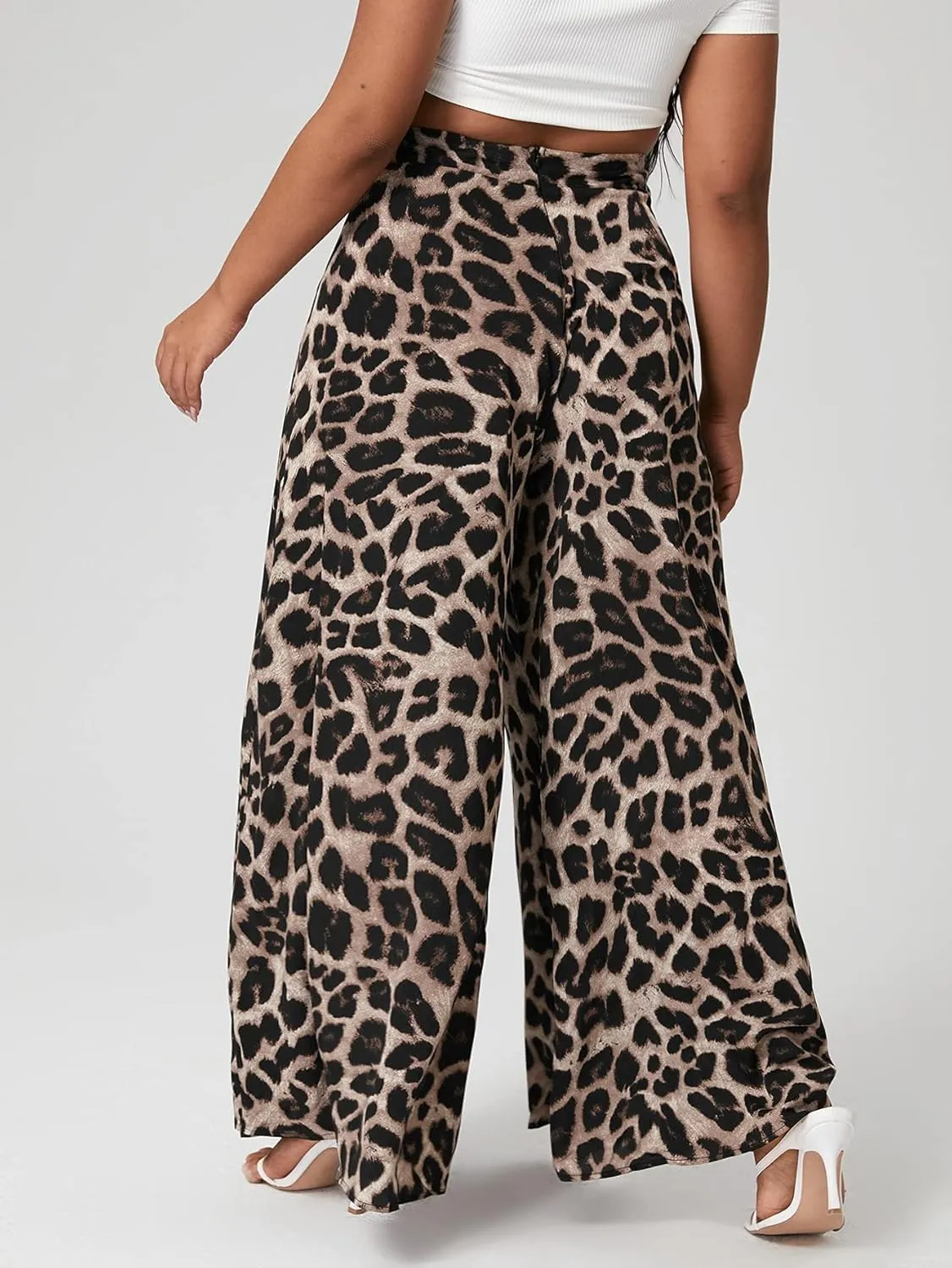 WDIRARA Women's Plus Size Leopard Print Wide Leg Flare Harem Zip Back Pants