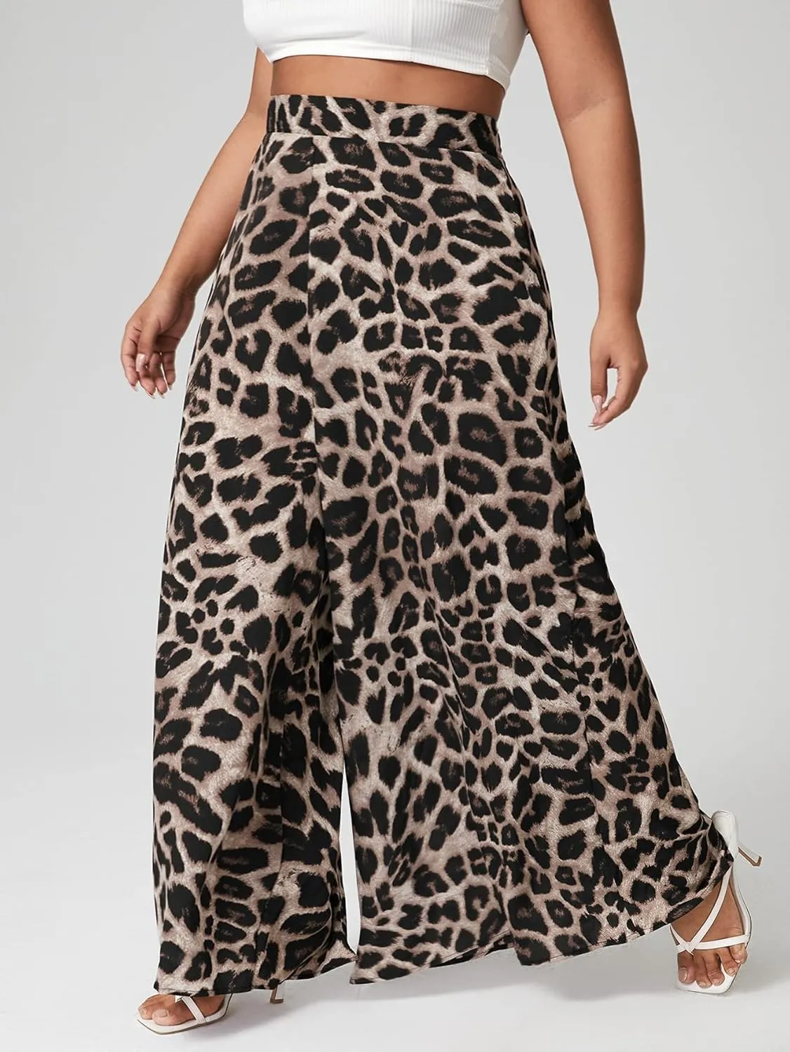 WDIRARA Women's Plus Size Leopard Print Wide Leg Flare Harem Zip Back Pants