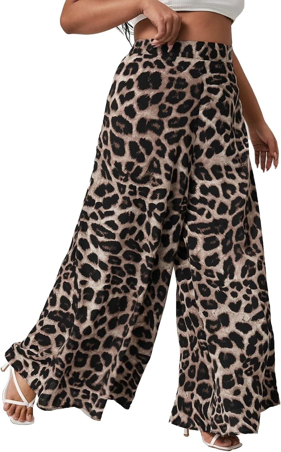 WDIRARA Women's Plus Size Leopard Print Wide Leg Flare Harem Zip Back Pants