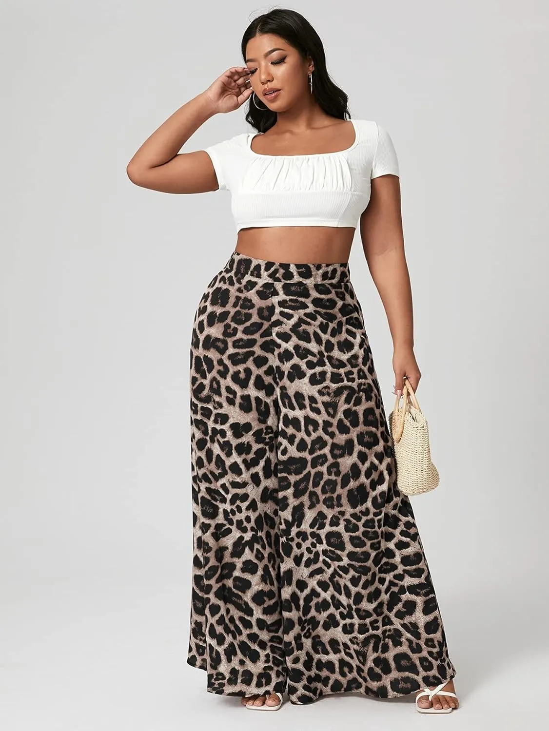 WDIRARA Women's Plus Size Leopard Print Wide Leg Flare Harem Zip Back Pants