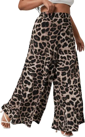 WDIRARA Women's Plus Size Leopard Print Wide Leg Flare Harem Zip Back Pants