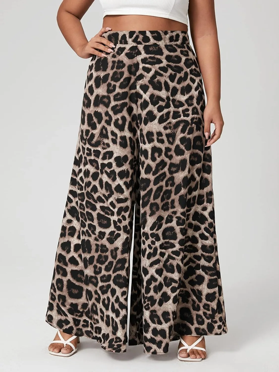 WDIRARA Women's Plus Size Leopard Print Wide Leg Flare Harem Zip Back Pants