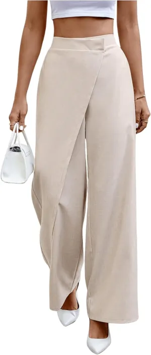 WDIRARA Women's Wrap Front Wide Leg Long Pants Elastic Waist Solid Loose Trousers