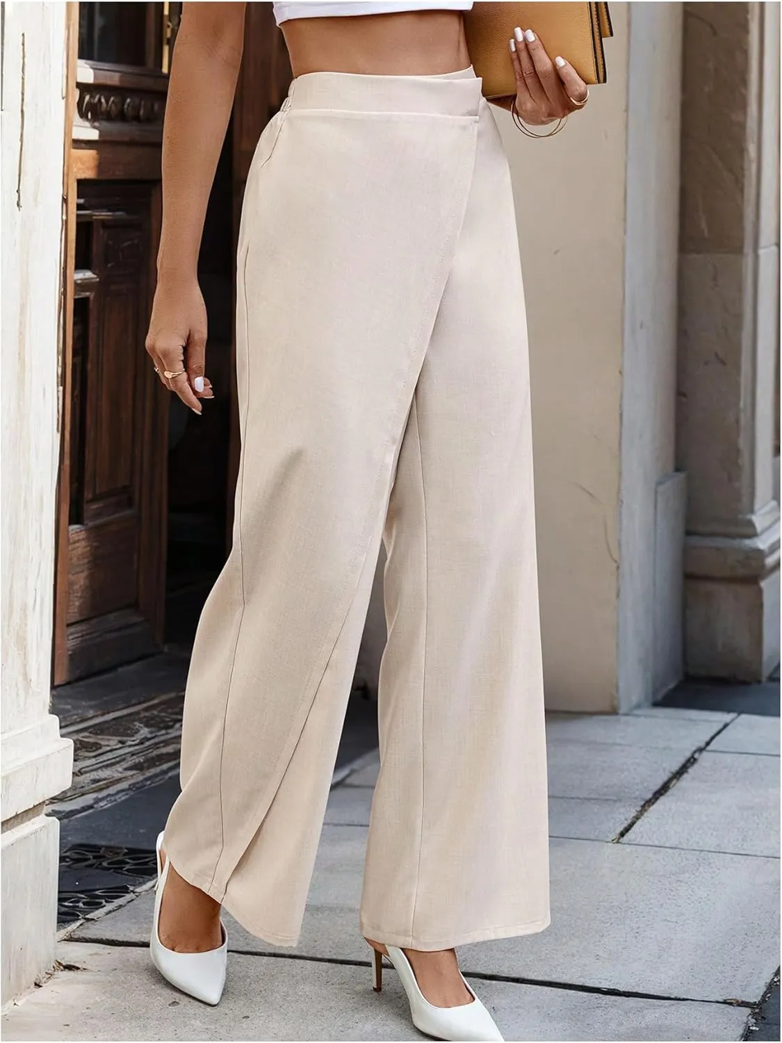WDIRARA Women's Wrap Front Wide Leg Long Pants Elastic Waist Solid Loose Trousers