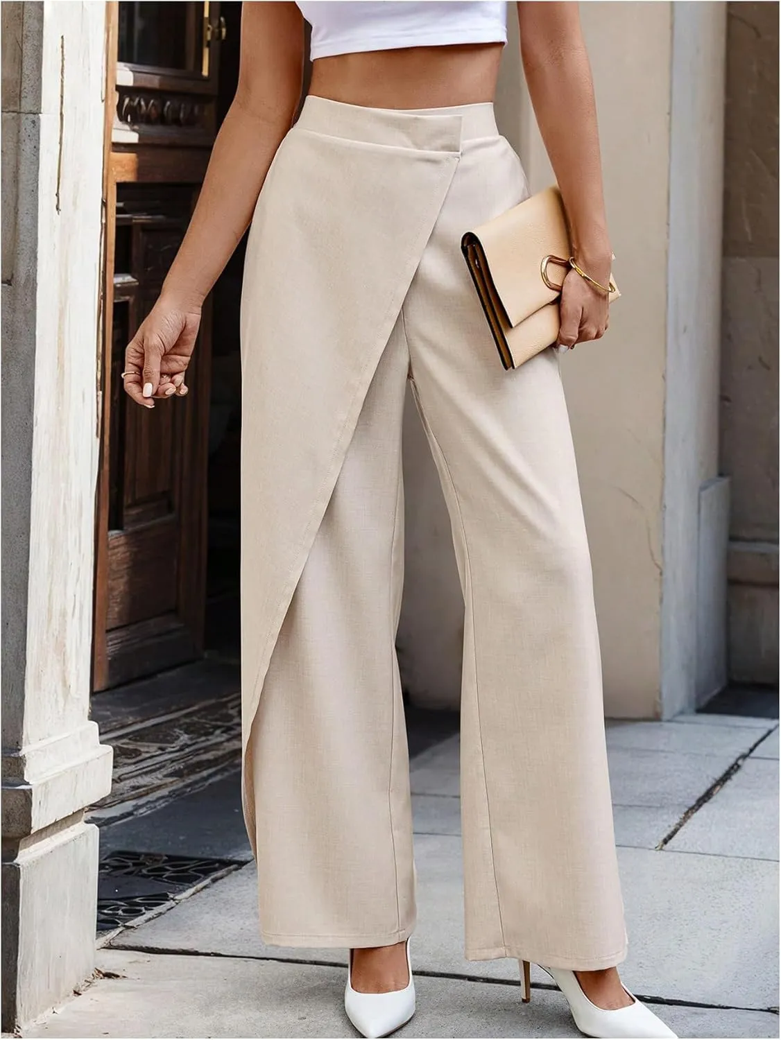 WDIRARA Women's Wrap Front Wide Leg Long Pants Elastic Waist Solid Loose Trousers