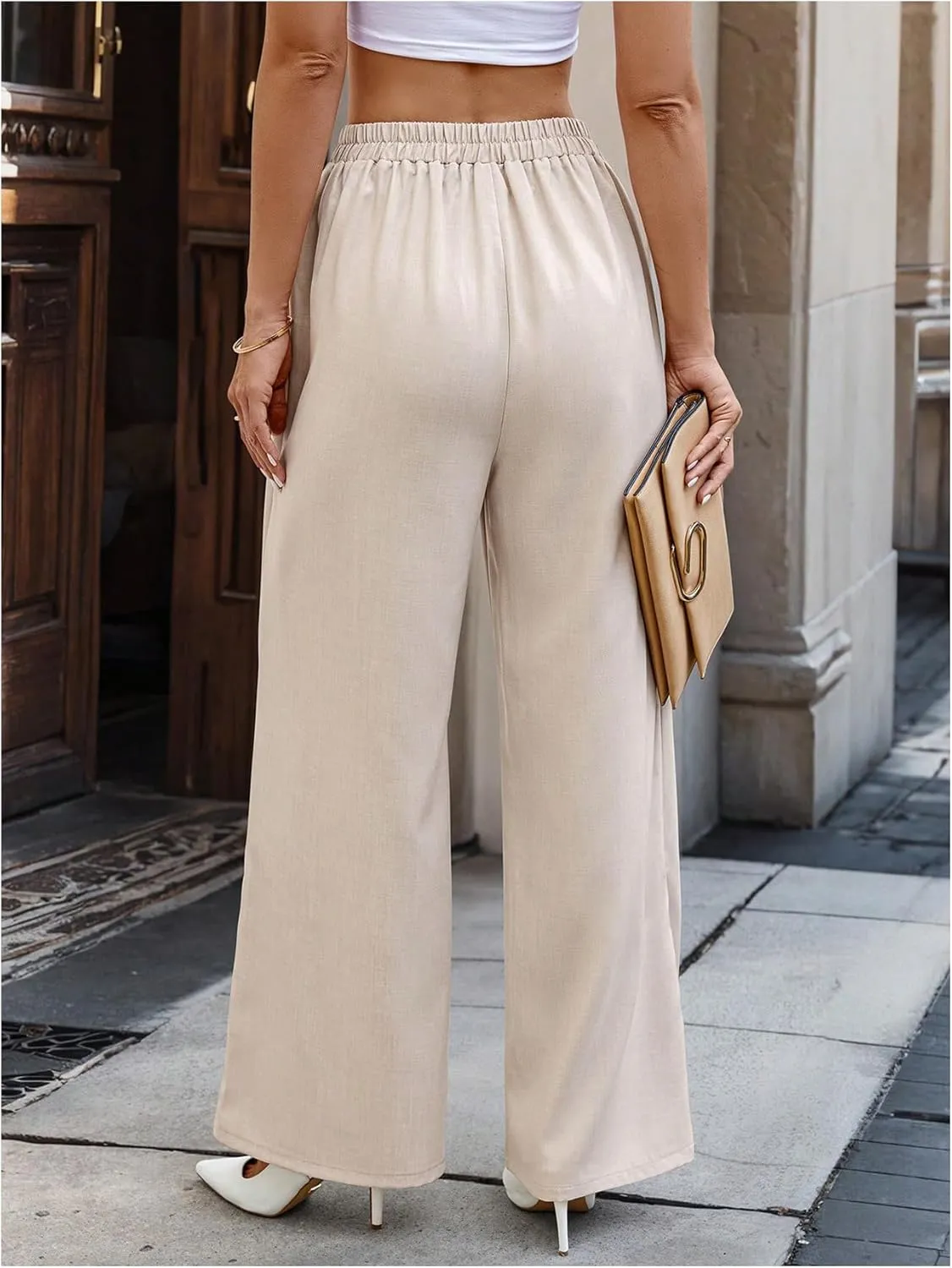 WDIRARA Women's Wrap Front Wide Leg Long Pants Elastic Waist Solid Loose Trousers